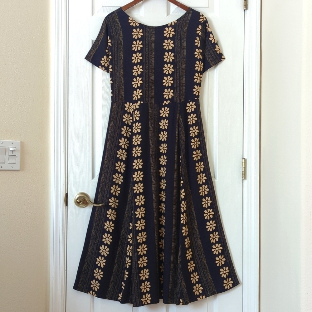 Passports of Pier 1 Imports 90s Vintage Bohemian Floral A-Line Midi Dress Navy S - Picture 9 of 11